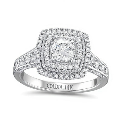 1.25 CT. TW Diamond Cushion-Shaped Double Frame Edge Accent Tapered Shank Engagement Ring in 14K White Gold (I/I1)