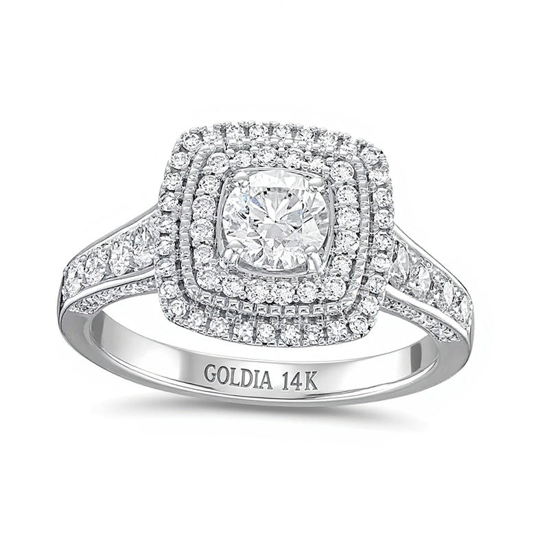 1.25 CT. TW Diamond Cushion-Shaped Double Frame Edge Accent Tapered Shank Engagement Ring in 14K White Gold (I/I1)