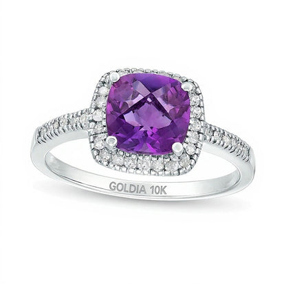 7.0mm Cushion-Shaped Amethyst and 0.2 CT. TW Diamond Frame Ring in 10K White Gold