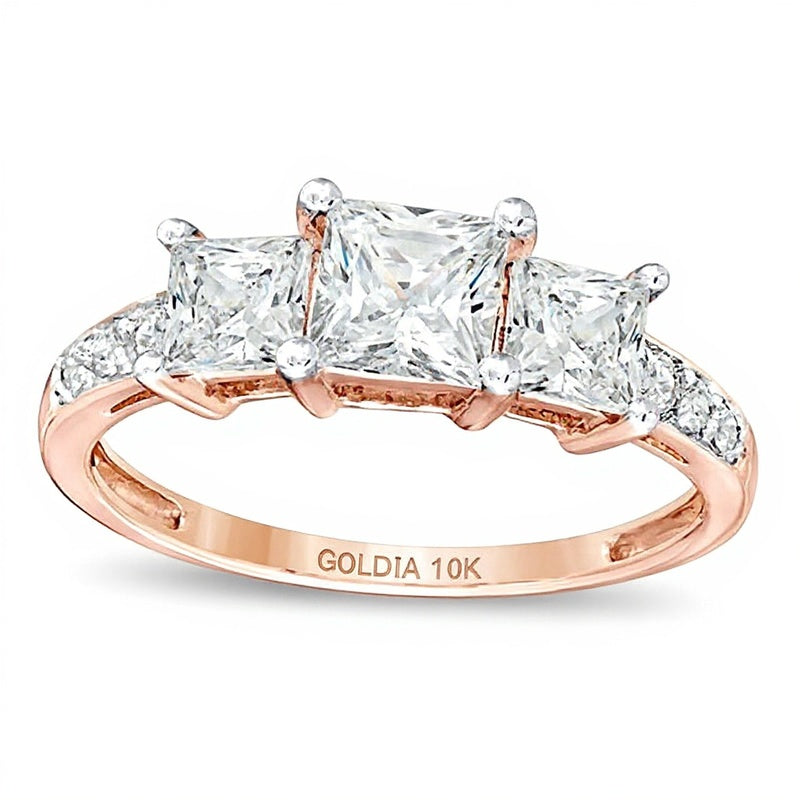 Princess-Cut Lab-Created White Sapphire Three Stone Ring in 10K Rose Gold