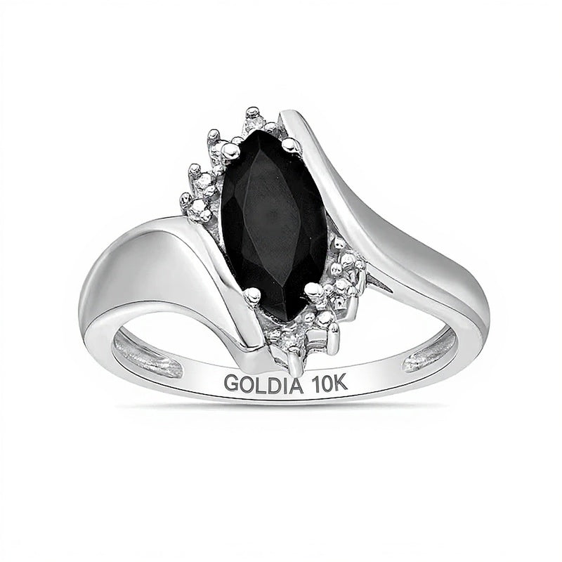 Marquise Black Onyx and Diamond Accent Beaded Starburst Border Bypass Ring in 10K White Gold