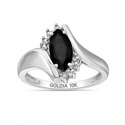 Marquise Black Onyx and Diamond Accent Beaded Starburst Border Bypass Ring in 10K White Gold