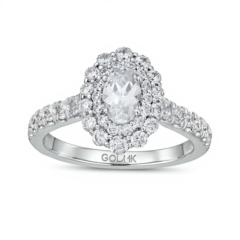 1.5 CT. TW Oval Diamond Double Scallop Frame Engagement Ring in 14K White Gold (I/SI2)