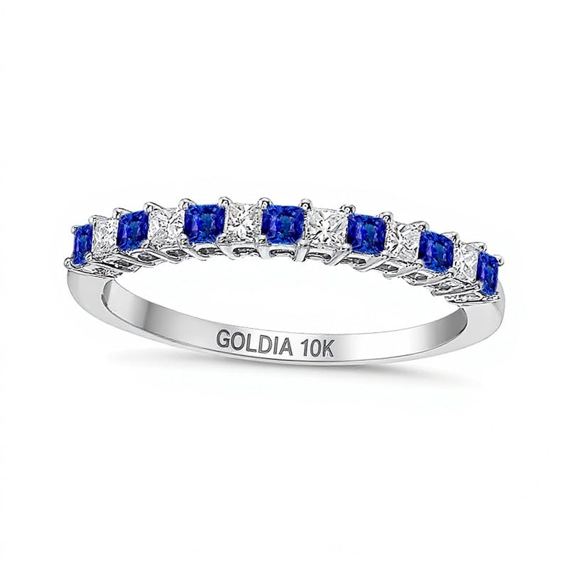 Princess-Cut Blue Sapphire and 0.2 CT. TW Princess-Cut Diamond Alternating Anniversary Band in 10K White Gold