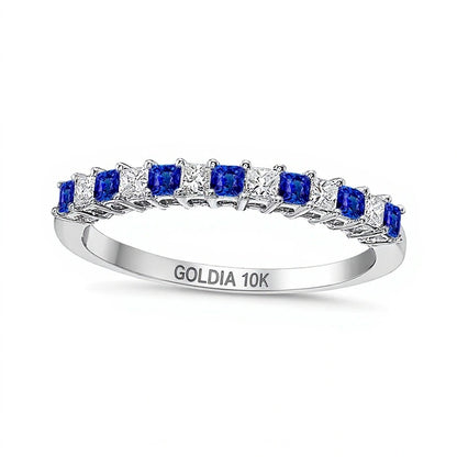 Princess-Cut Blue Sapphire and 0.2 CT. TW Princess-Cut Diamond Alternating Anniversary Band in 10K White Gold