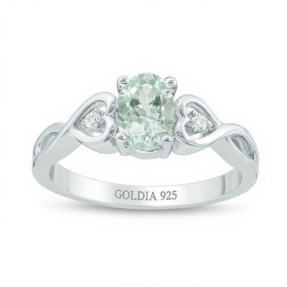 Oval Aquamarine and Diamond Accent Heart Sides Promise Ring in Sterling Silver