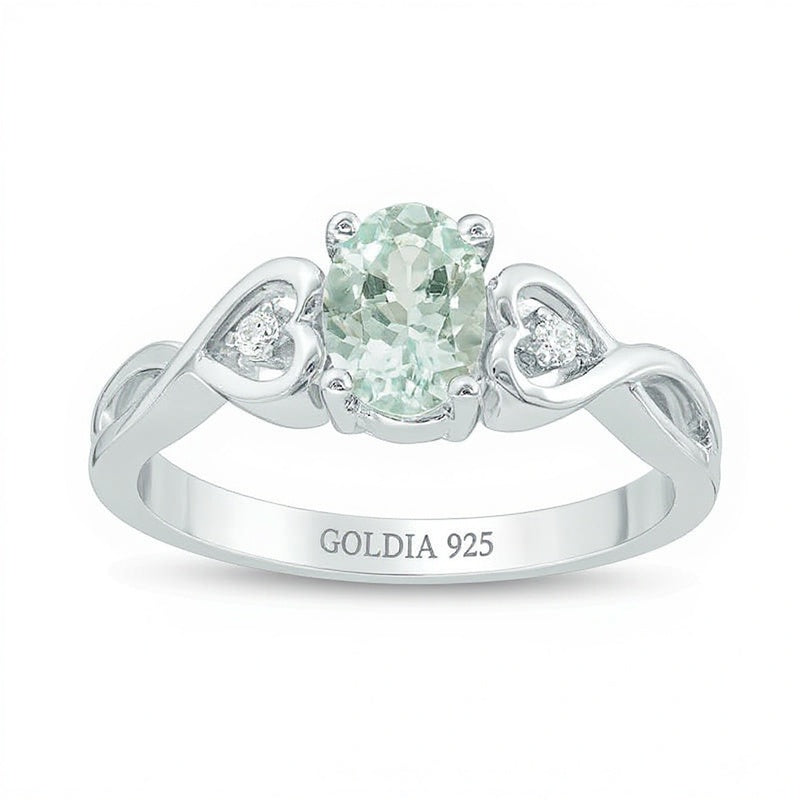 Oval Aquamarine and Diamond Accent Heart Sides Promise Ring in Sterling Silver