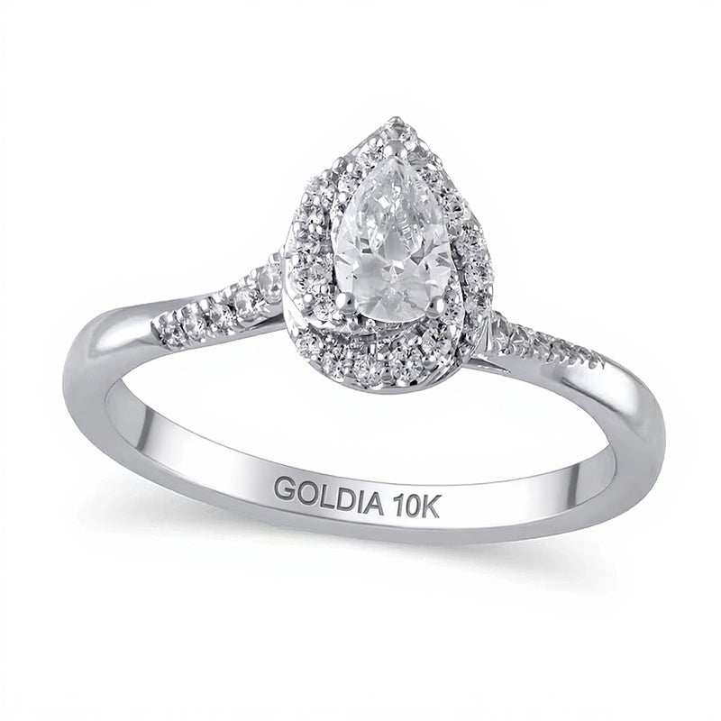 0.5 CT. TW Pear-Shaped Diamond Swirl Frame Engagement Ring in 10K White Gold