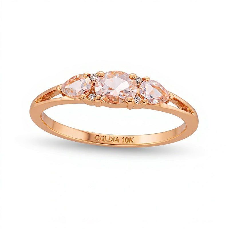 Oval and Pear-Shaped Morganite with Diamond Accent Three Stone Ring in 10K Rose Gold