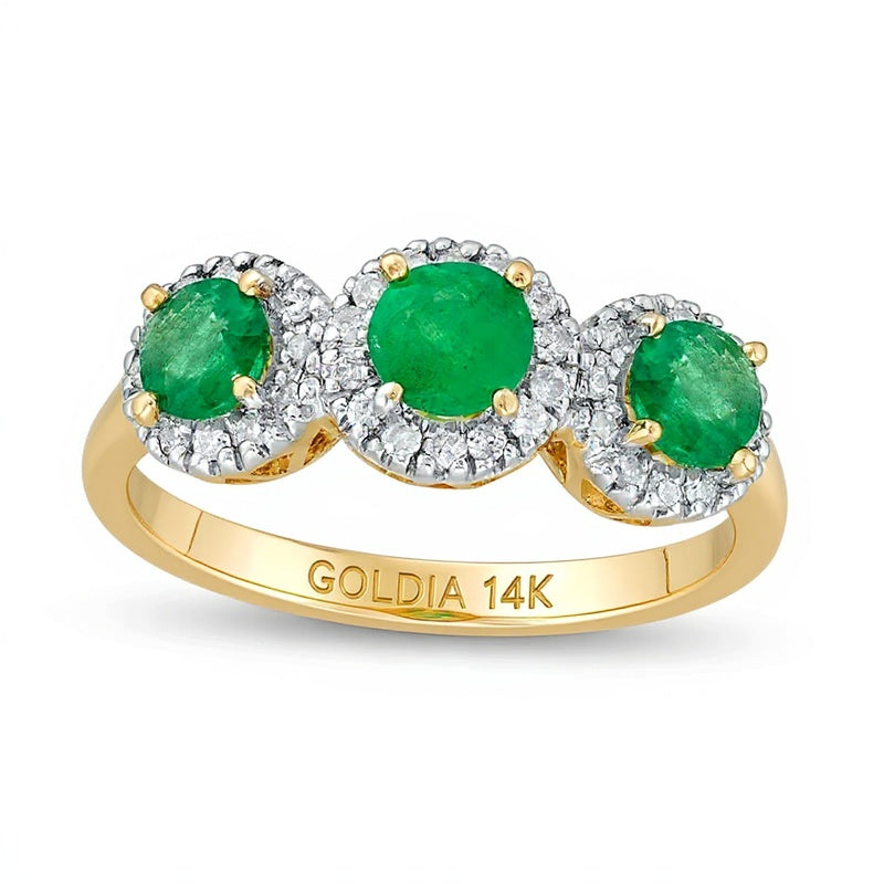 4.5mm Emerald and 0.2 CT. TW Diamond Frame Three Stone Ring in 14K Gold