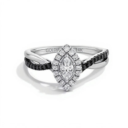 0.5 CT. TW Marquise-Cut Black and White Diamond Frame Crossover Shank Engagement Ring in 14K White Gold