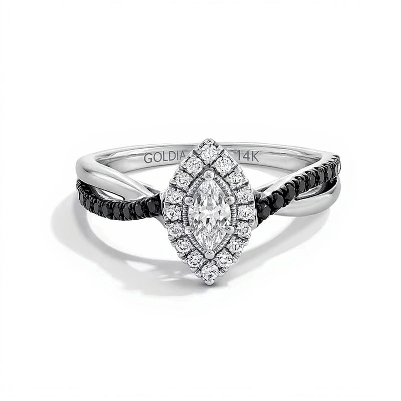0.5 CT. TW Marquise-Cut Black and White Diamond Frame Crossover Shank Engagement Ring in 14K White Gold