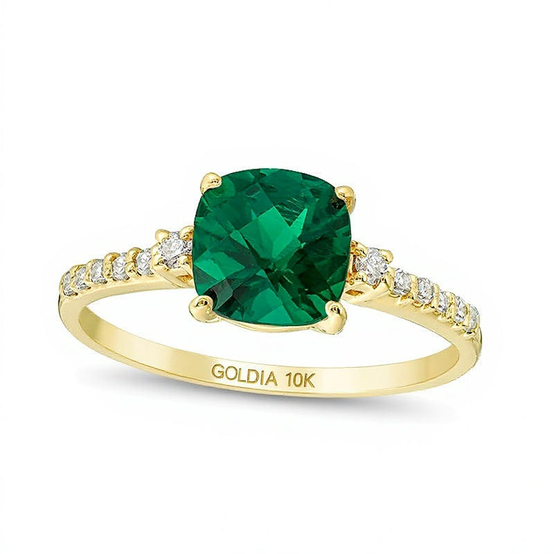 7.0mm Cushion-Shaped Lab-Created Emerald and 0.13 CT. TW Diamond Engagement Ring in 10K Gold