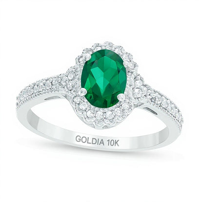 Oval Lab-Created Emerald and 0.13 CT. TW Diamond Frame Vintage-Style Ring in 10K White Gold