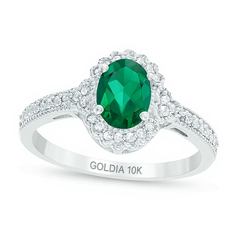 Oval Lab-Created Emerald and 0.13 CT. TW Diamond Frame Vintage-Style Ring in 10K White Gold