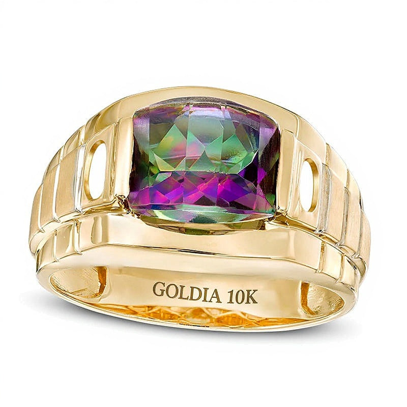 Barrel-Cut Mystic FireÂ® Topaz and Diamond Accent Textured Satin Ring in 10K Gold