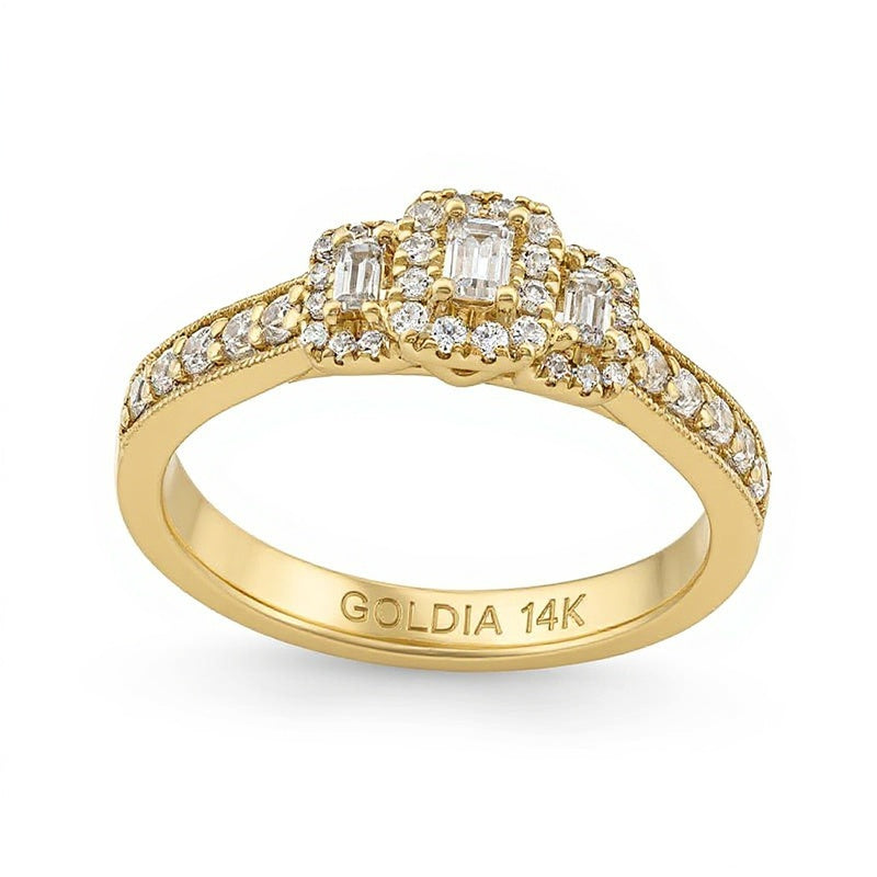 0.5 CT. TW Emerald and Baguette-Cut Diamond Frame Past Present FutureÂ® Engagement Ring in 14K Gold