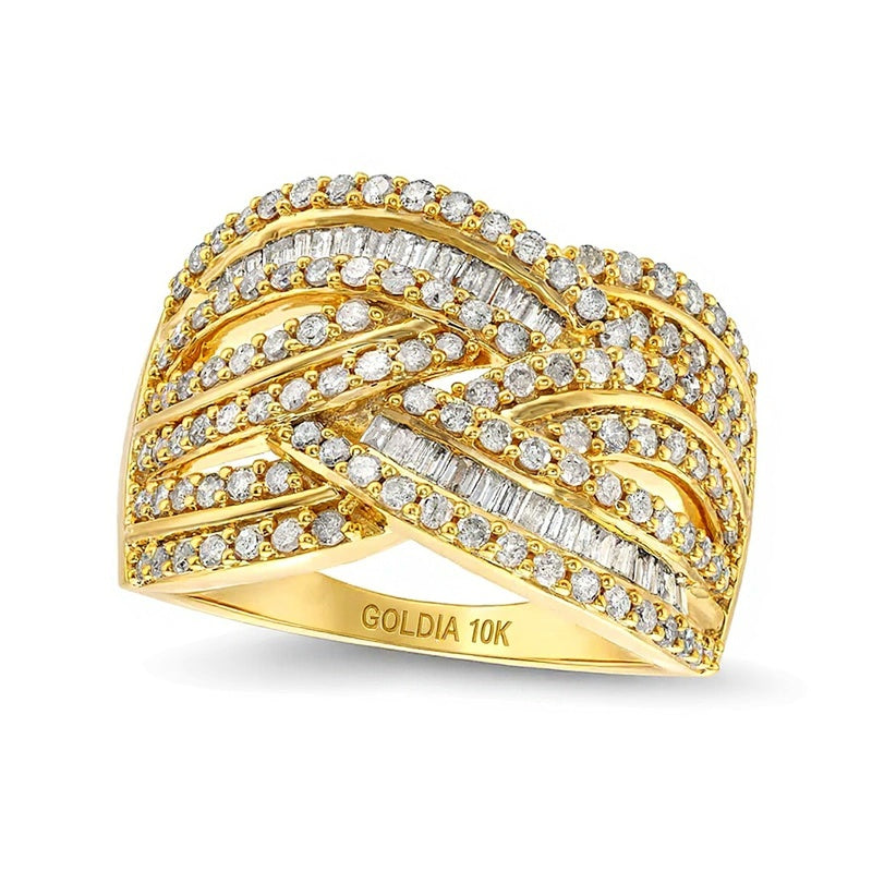 1.0 CT. TW Baguette and Round Diamond Layered Overlay Band in 10K Gold
