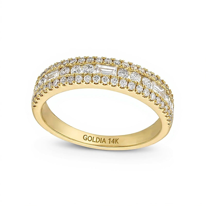 0.63 CT. TW Baguette and Round Diamond Triple Row Anniversary Band in 14K Gold