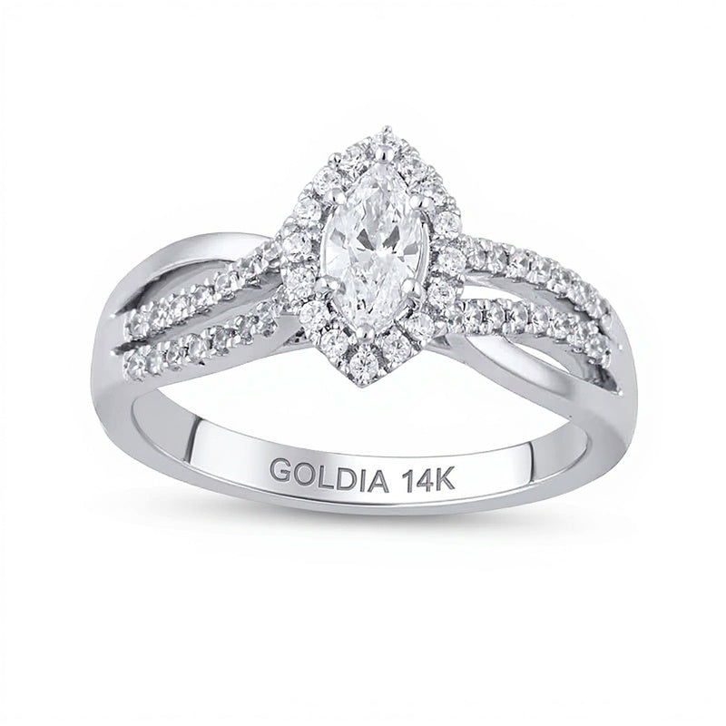 0.75 CT. TW Marquise Diamond Frame Triple Row Bypass Split Shank Engagement Ring in 14K White Gold