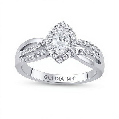 0.75 CT. TW Marquise Diamond Frame Triple Row Bypass Split Shank Engagement Ring in 14K White Gold