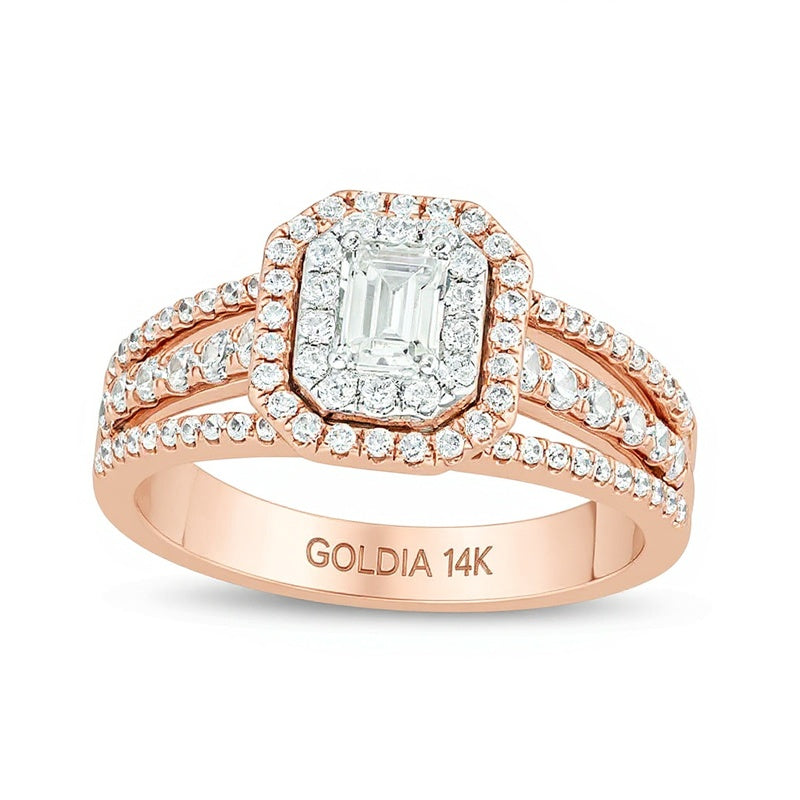 1.0 CT. TW Emerald-Cut Diamond Double Frame Multi-Row Engagement Ring in 14K Two-Tone Gold (I/SI2)