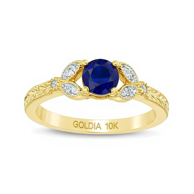 5.0mm Lab-Created Blue Sapphire and Diamond Accent Leaf Vintage-Style Ring in 10K Gold