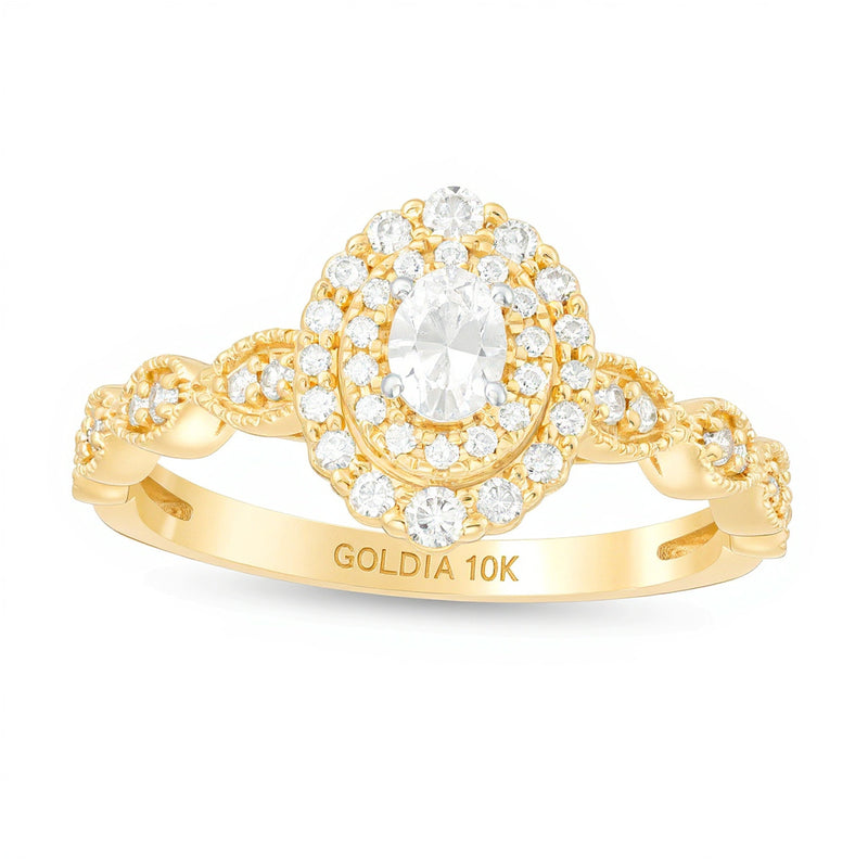 0.38 CT. TW Oval Diamond Double Frame Art Deco Vintage-Style Engagement Ring in 10K Gold