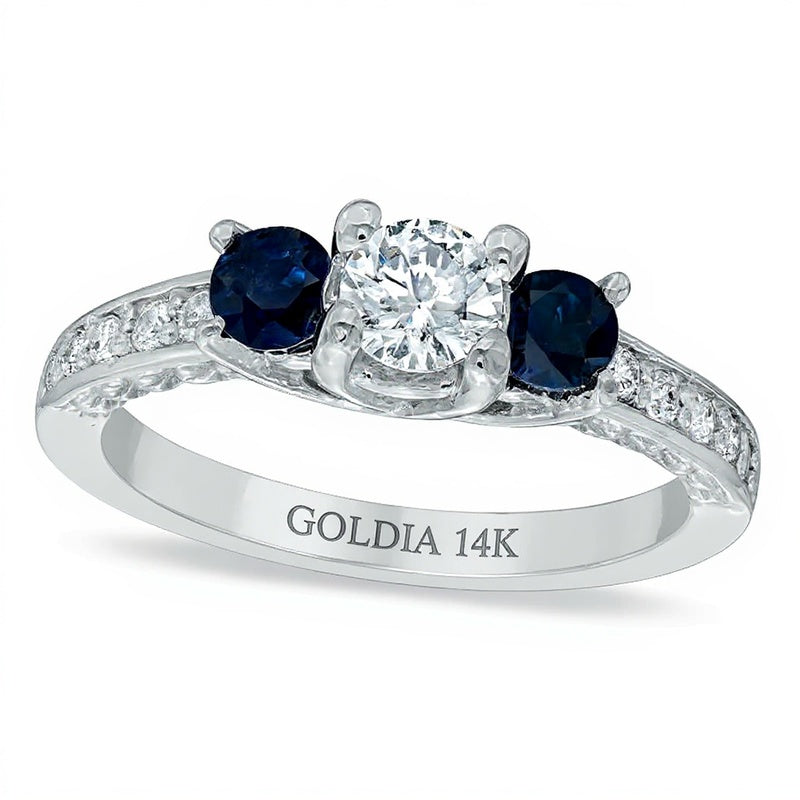 0.5 CT. TW Diamond and Blue Sapphire Three Stone Engagement Ring in 14K White Gold