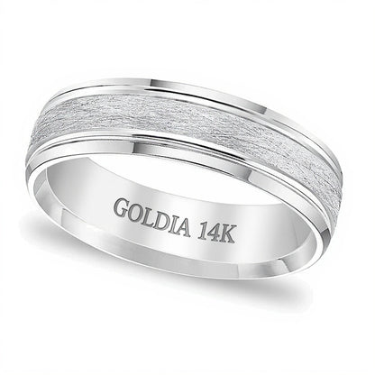 6.0mm Comfort-Fit Brushed Grooved Edge Wedding Band in 14K White Gold