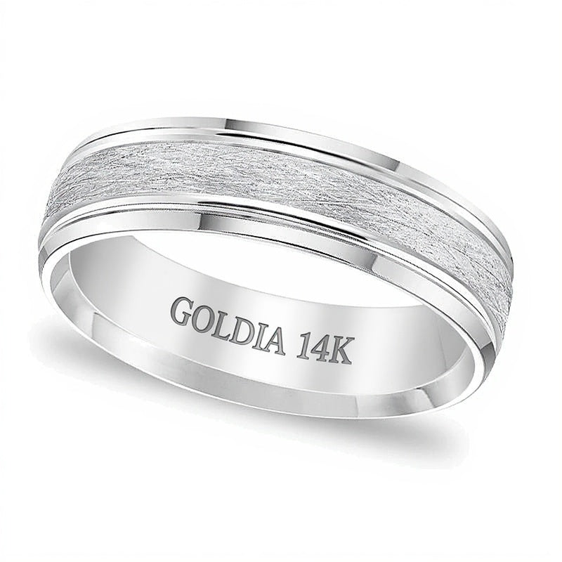 6.0mm Comfort-Fit Brushed Grooved Edge Wedding Band in 14K White Gold