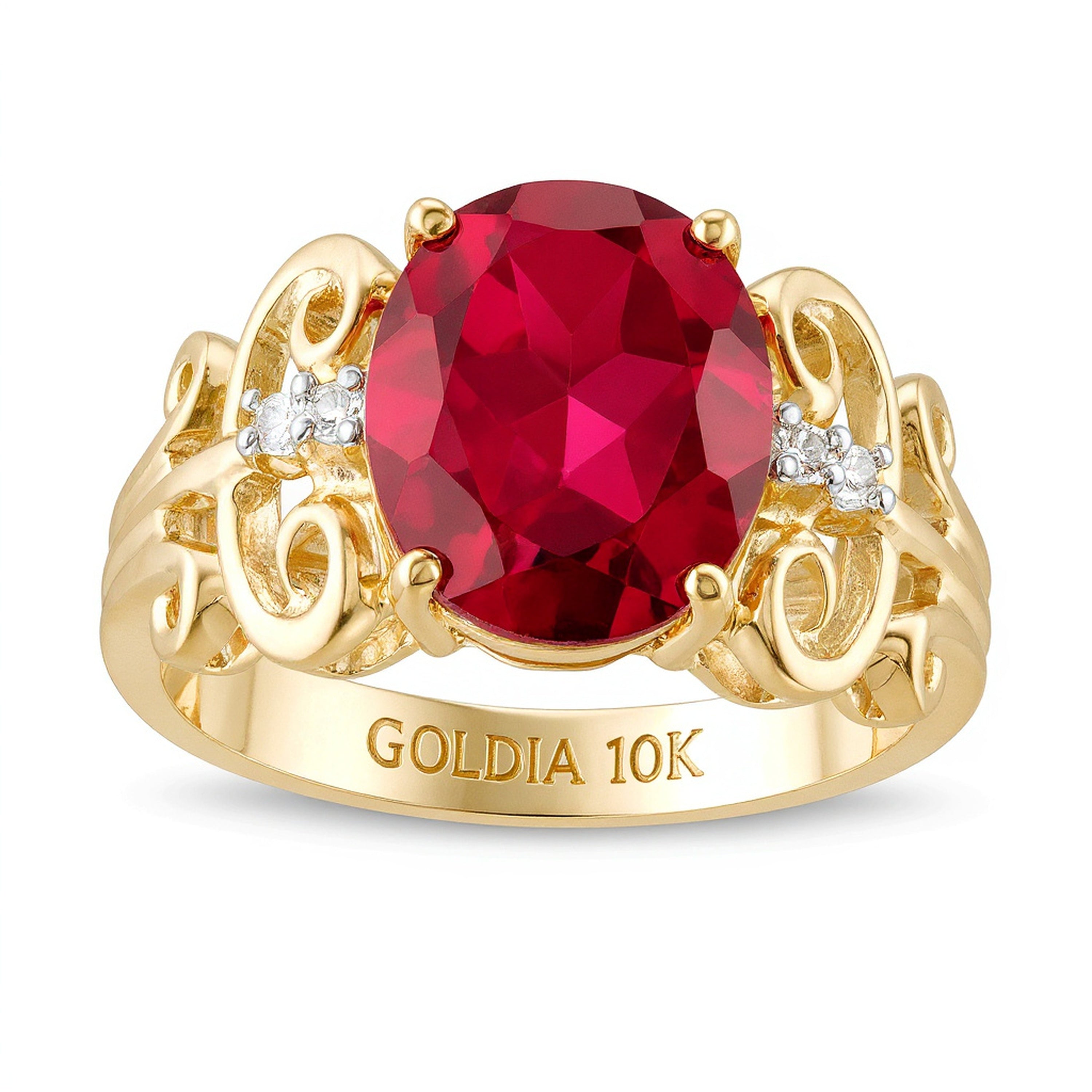 Oval Lab-Created Ruby and 0.05 CT. TW Diamond Vintage-Style Scroll Ring in 10K Gold