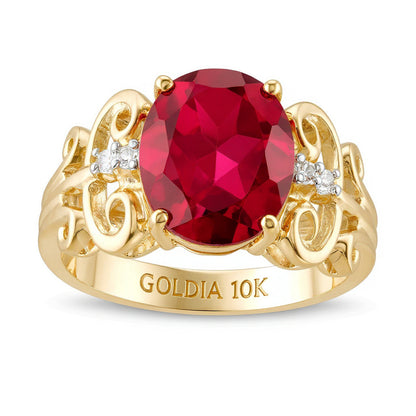Oval Lab-Created Ruby and 0.05 CT. TW Diamond Vintage-Style Scroll Ring in 10K Gold