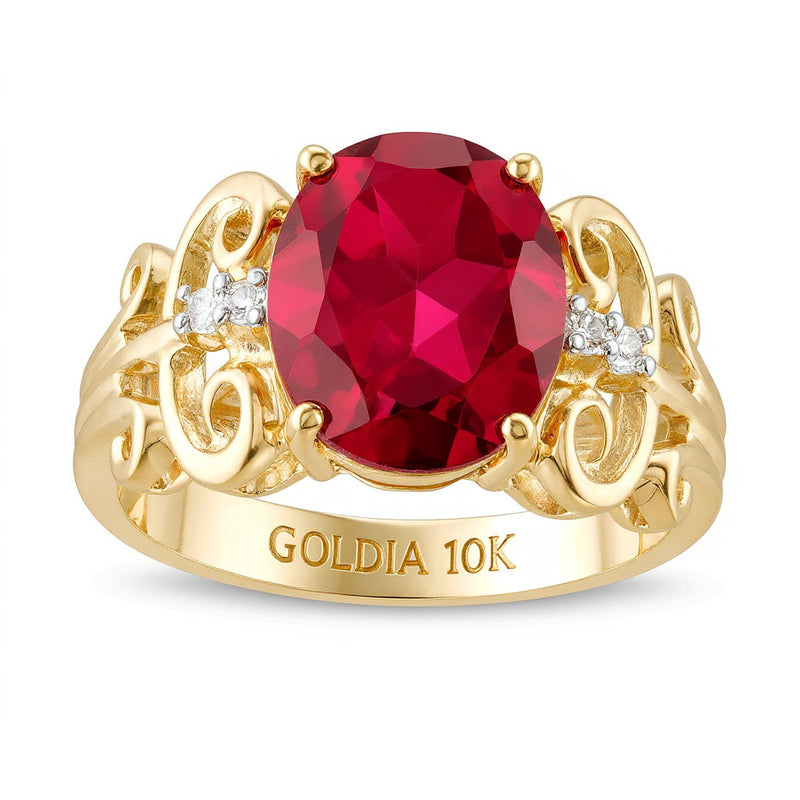 Oval Lab-Created Ruby and 0.05 CT. TW Diamond Vintage-Style Scroll Ring in 10K Gold