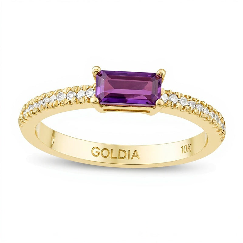 Sideways Baguette Amethyst and 0.1 CT. TW Diamond Stackable Ring in 10K Gold