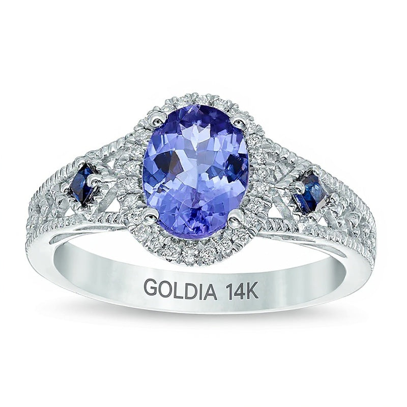 Oval Tanzanite, Blue Sapphire and Diamond Accent Vintage-Style Ring in 14K White Gold