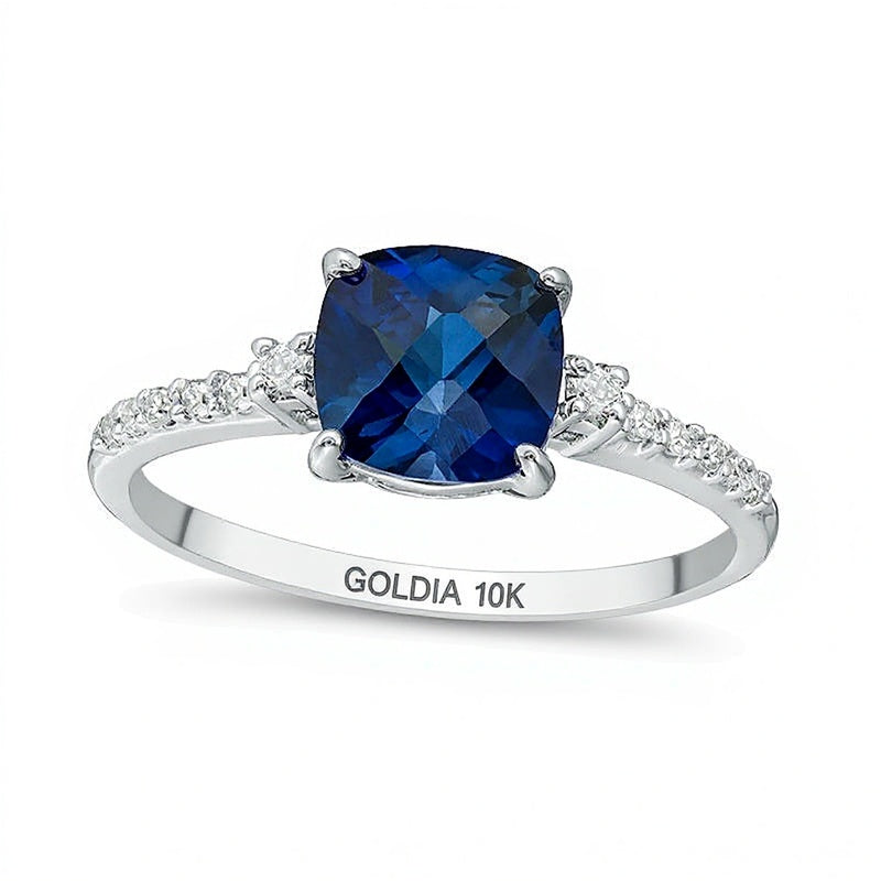 7.0mm Cushion-Shaped Lab-Created Blue Sapphire and 0.13 CT. TW Diamond Engagement Ring in 10K White Gold