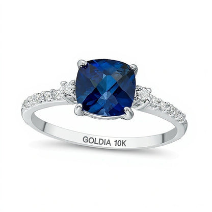 7.0mm Cushion-Shaped Lab-Created Blue Sapphire and 0.13 CT. TW Diamond Engagement Ring in 10K White Gold