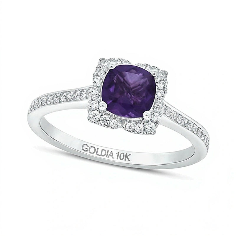 6.0mm Cushion-Cut Amethyst and 0.2 CT. TW Diamond Art Deco Frame Engagement Ring in 10K White Gold