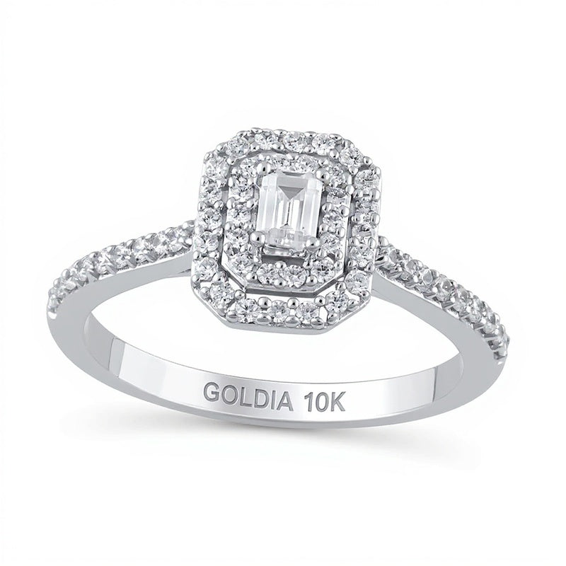 0.5 CT. TW Emerald-Cut Diamond Double Octagonal Frame Engagement Ring in 10K White Gold