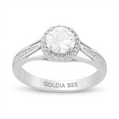 6.0mm Lab-Created White Sapphire and 0.13 CT. TW Diamond Frame Split Shank Ring in Sterling Silver