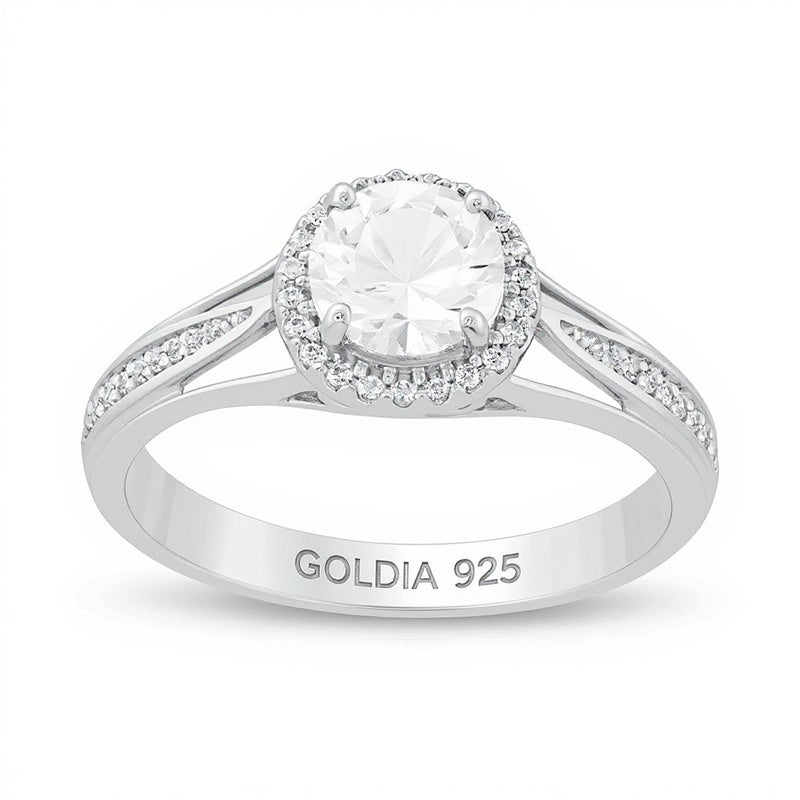 6.0mm Lab-Created White Sapphire and 0.13 CT. TW Diamond Frame Split Shank Ring in Sterling Silver