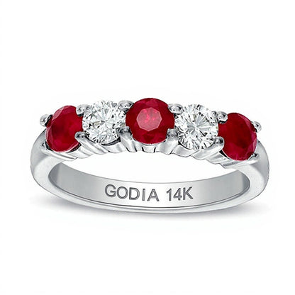 Ruby and 0.33 CT. TW Diamond Five Stone Band in 14K White Gold