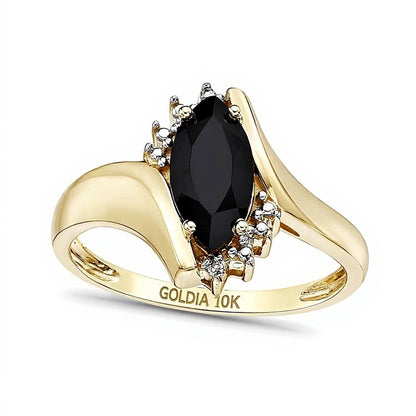 Marquise Black Onyx and Diamond Accent Beaded Starburst Border Bypass Ring in 10K Gold