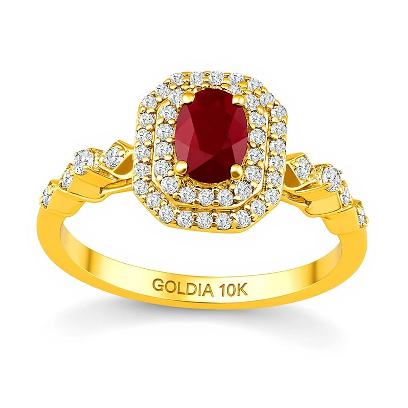 Oval Ruby and 0.33 CT. TW Diamond Octagon Frame Art Deco Ring in 10K Gold