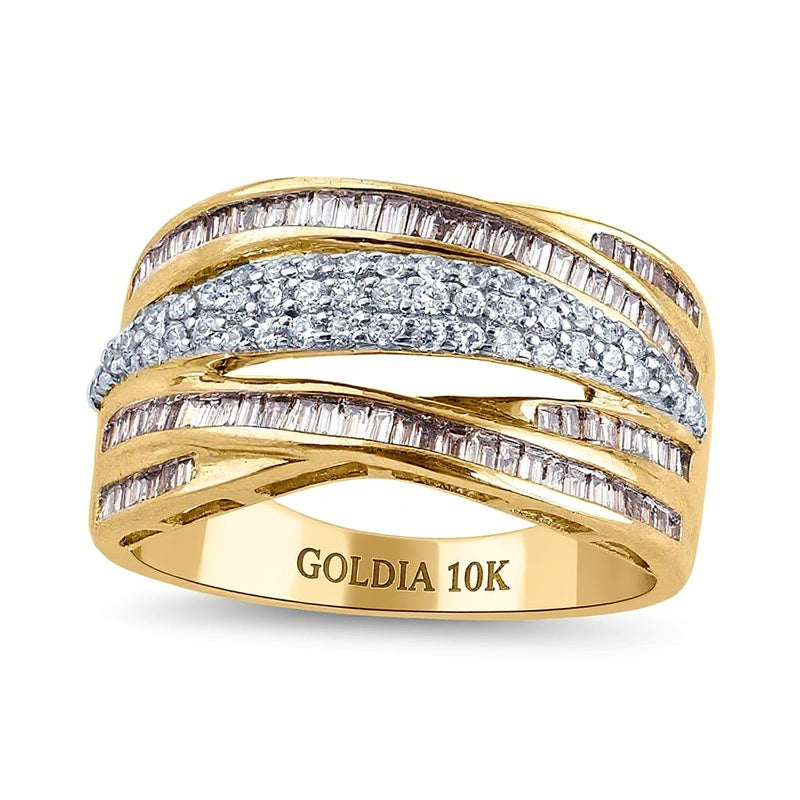 0.63 CT. TW Champagne and White Diamond Multi-Row Criss-Cross Ring in 10K Gold