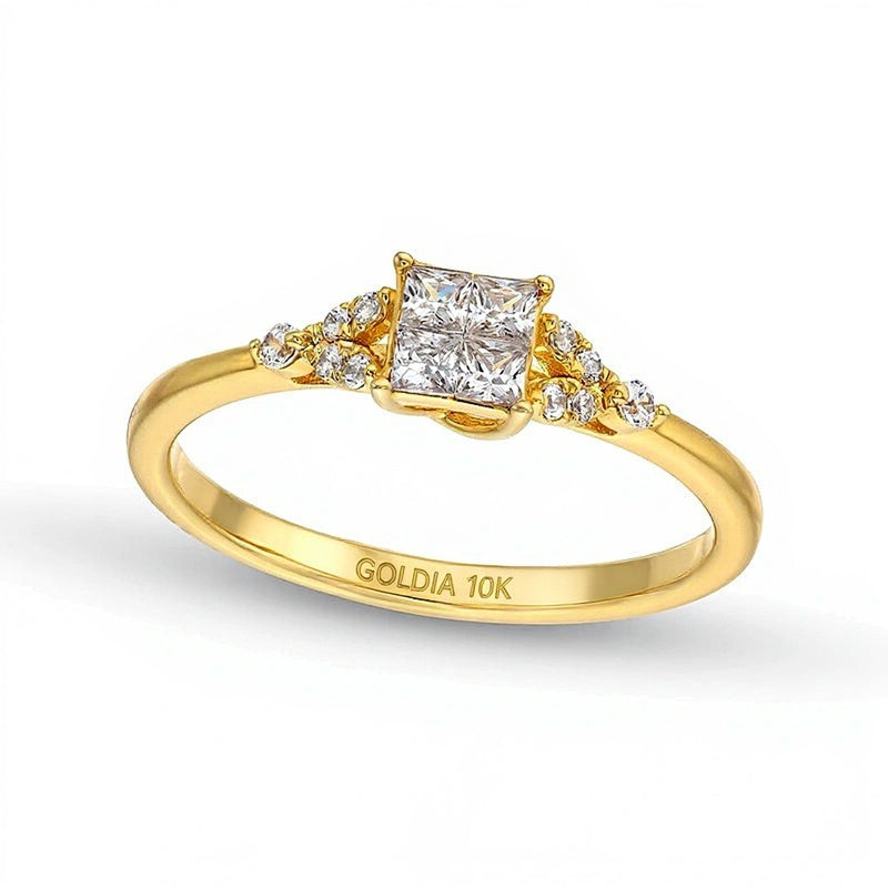 0.33 CT. TW Quad Princess-Cut Diamond Leaf-Sides Engagement Ring in 10K Gold