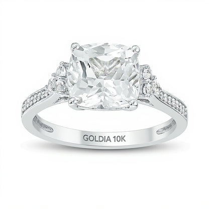 8.0mm Cushion-Cut Lab-Created White Sapphire and 0.05 CT. TW Diamond Tri-Sides Engagement Ring in 10K White Gold