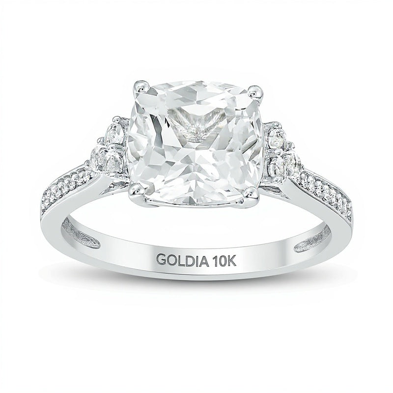8.0mm Cushion-Cut Lab-Created White Sapphire and 0.05 CT. TW Diamond Tri-Sides Engagement Ring in 10K White Gold