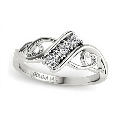 0.1 CT. TW Diamond Three Stone Bypass with Hearts Ring in 14K White Gold